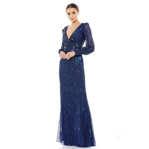 MAC DUGGAL Sequined Wrap Over Bishop Sleeve Gown NEW Size 10 Midnight Blue Dress